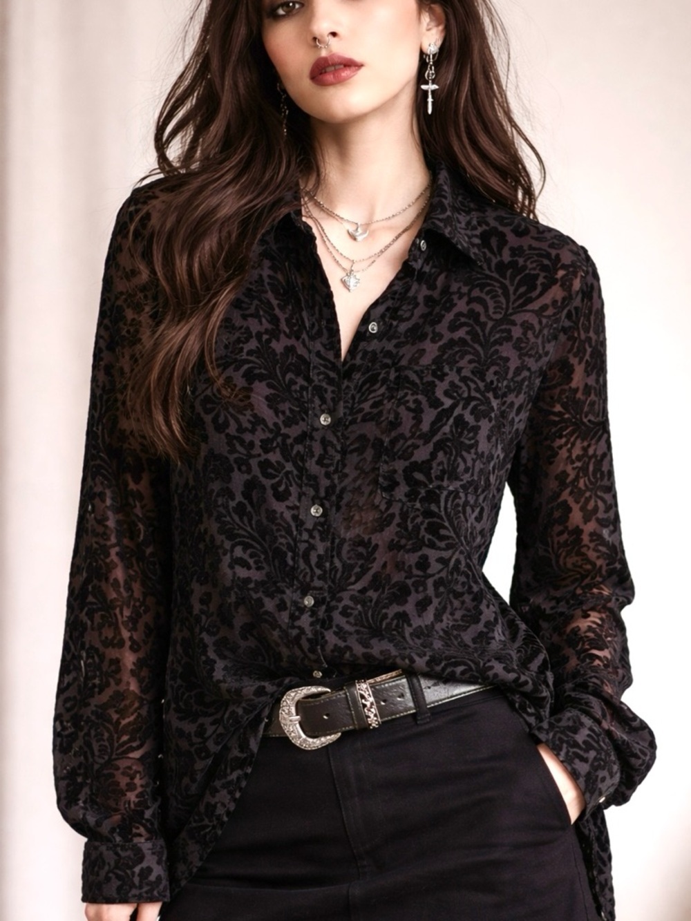 Vintage Denim & Supply Ralph Lauren black velvet whimsygoth burnout blouse